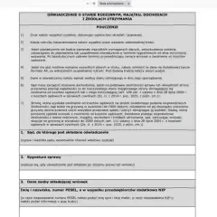 Oświadczenie o stanie rodzinnym, majątku, dochodach i źródłach utrzymania. Wniosek o zwolnienie z kosztów sądowych.