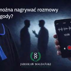 Czy można kogoś nagrywać kamerą bez jego zgody? Prawnik, telefon z nagrywaniem rozmowy i sylwetki ludzi w tle sugerują dylemat prawny.