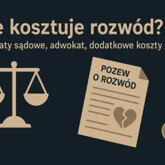 Grafika przedstawia wagę sprawiedliwości, monetę zł i dokument "Pozew o rozwód" z pękniętym sercem. Ilustruje koszty rozwodu.