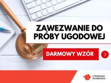 Młotek sędziowski i klawiatura symbolizują prawo. Tekst "ZAWEZWANIE DO PRÓBY UGODOWEJ" oraz "DARMOWY WZÓR" sugeruje pomoc prawną.