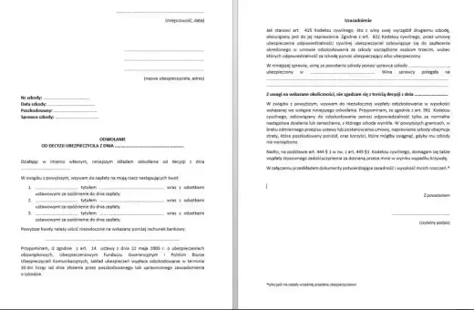 Wzór odwołania od decyzji ubezpieczyciela, gdy nie zgadzasz się z nią i chcesz uzyskać odszkodowanie.