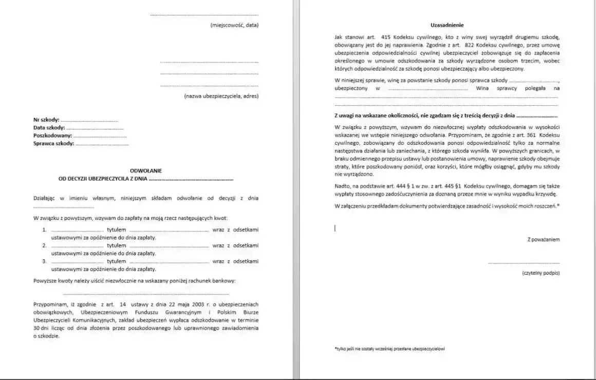 Wzór odwołania od decyzji ubezpieczyciela, gdy nie zgadzasz się z nią i chcesz uzyskać odszkodowanie.