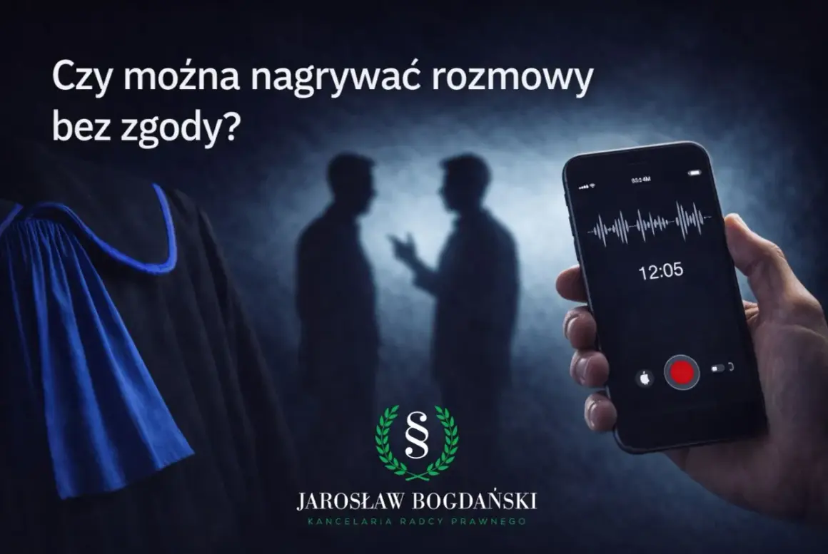 Czy można kogoś nagrywać kamerą bez jego zgody? Prawnik, telefon z nagrywaniem rozmowy i sylwetki ludzi w tle sugerują dylemat prawny.