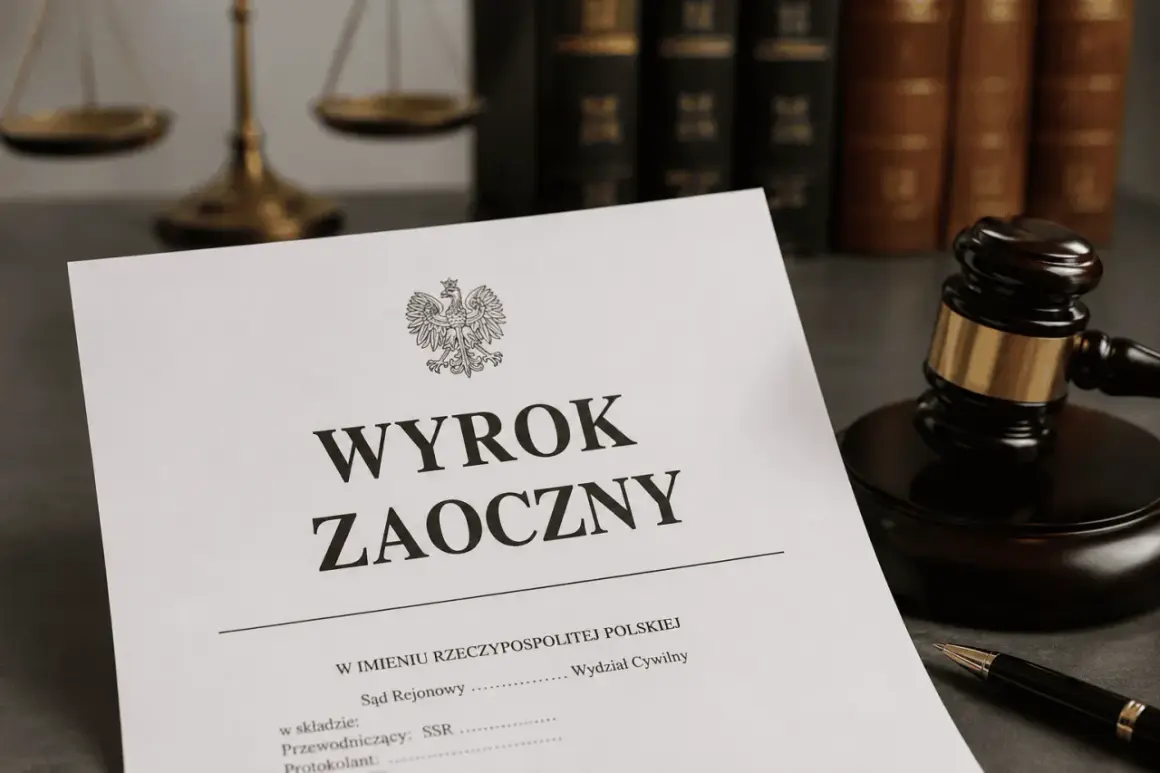 Dokument z napisem "WYROK ZAOCZNY" leży obok młotka sędziowskiego i wagi sprawiedliwości.