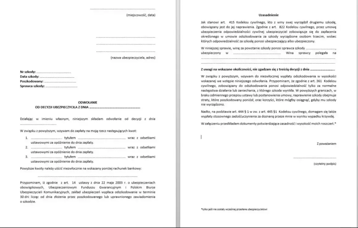 Formularz odwołania od decyzji ubezpieczyciela. Beneficjent domaga się wypłaty odszkodowania i zadośćuczynienia.