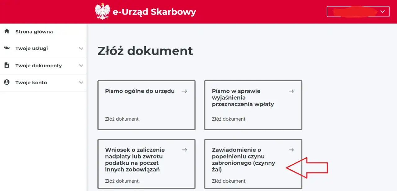 Zawiadomienie o popełnieniu czynu zabronionego (czynny żal) - opcja złożenia dokumentu w e-Urzędzie Skarbowym.